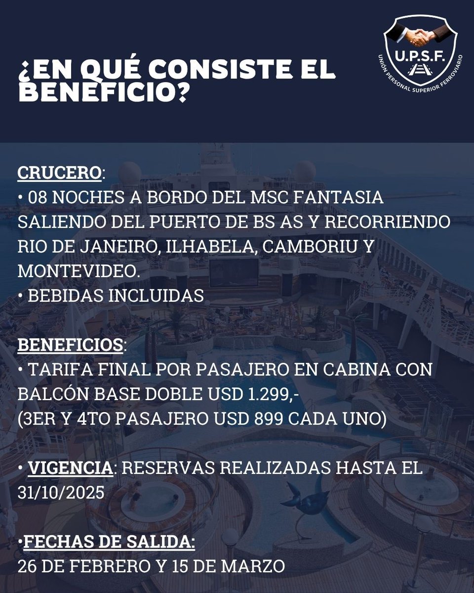 SindicatoUpsf's tweet photo. 🚢✨ Beneficio exclusivo para afiliados de UPSF
Viví una experiencia única con 08 noches a bordo del MSC Fantasia, saliendo desde Buenos Aires y recorriendo:
🌴 Río de Janeiro
🏝️ Ilhabela
🌊 Camboriú
🇺🇾 Montevideo
🌐 Más info en https://t.co/ve87l68crJ https://t.co/R2YHu1hRFQ