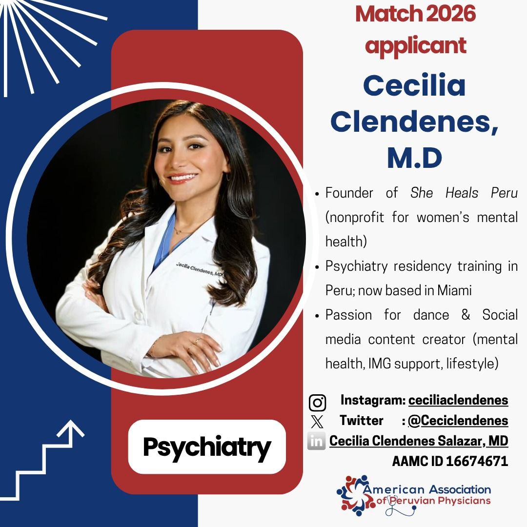 📣Meet our #Match2026 applicants! 
🗓Today we begin introducing our Peruvian applicants!  Inspiring future residents from the AAPP community.

We send our best wishes to Dr. Clendenes, who is pursuing her path in Psychiatry.
#Match2026 #IMG