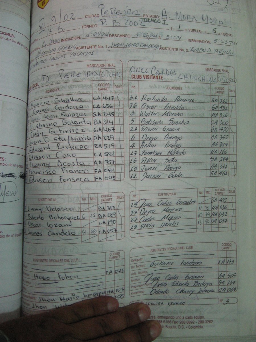 DAYRO MORENO 411 partidos en <a href="/oncecaldas/">🏆 Once Caldas ⭐️⭐️⭐️⭐️</a> 

Planilla Oficial <a href="/Dimayor/">DIMAYOR</a> Junio 9 de 2002-Primera B
debut edad 16 años 266 dìas

Pereira 0
Once Caldas  0
Juez: Marìa Edilma Garcìa
Estadio: Alberto Mora Mora
<a href="/josasc/">José Orlando Ascencio</a> PLANILLA OFICIAL DIMAYOR 👇