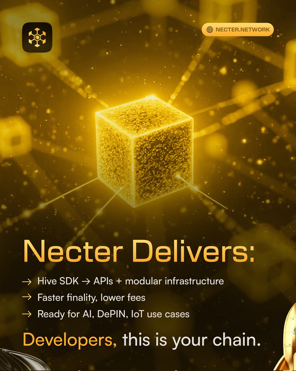 NecterNetwork's tweet photo. Hype won’t build the next internet.
Code will. 🛠️
That’s why Necter delivers the Hive SDK → modular APIs, faster finality, lower fees, and infrastructure ready for AI, DePIN, and IoT.
🐝 Developers, this is your chain.
#BuildOnNecter #DePIN #AI #ProgrammableInternet https://t.co/kBDRZ5vAho
