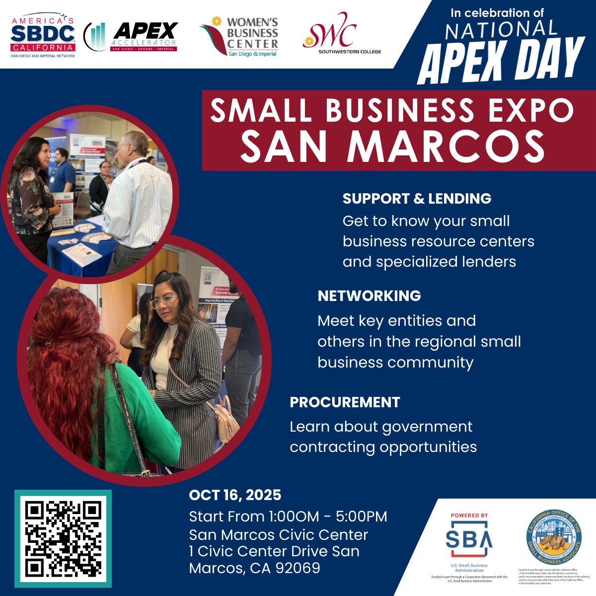 Calling all entrepreneurs &amp; small biz owners!
📍 San Marcos Civic Center
📅 Oct 16 | 1–5 PM
🔥 Don’t miss the Small Business Expo — your chance to:
🔹 Network w/ 40+ orgs
🔹 Learn from expert panels
🔹 Meet lenders &amp; procurement pros
🎟️ Tix just $30 — scan the QR &amp; grab yours!