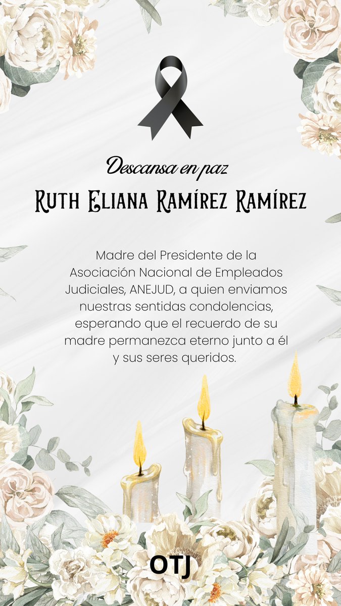 Descansa en paz:
Ruth Eliana Ramírez Ramírez

Madre del Presidente de la Asociación Nacional de Empleados Judiciales, ANEJUD, a quien enviamos nuestras sentidas condolencias, esperando que el recuerdo de su madre permanezca eterno junto a él y sus seres queridos.