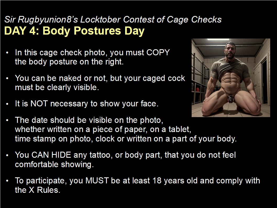 rugbyunion8's tweet photo. #LocktoberContest
Please RT
REMEMBER THESE IMPORTANT LINKS:
How to DO and POST a #cagecheck correctly? https://t.co/va8d9vR7SE
Rules for WINNING this Contest? https://t.co/YFJ5Nyogue
TAG all accounts that YOU want
Examples? @MCCageRT1 @ChastitypigRTS @GayChastityRTs @cagedlegion https://t.co/79w0NoLjpL