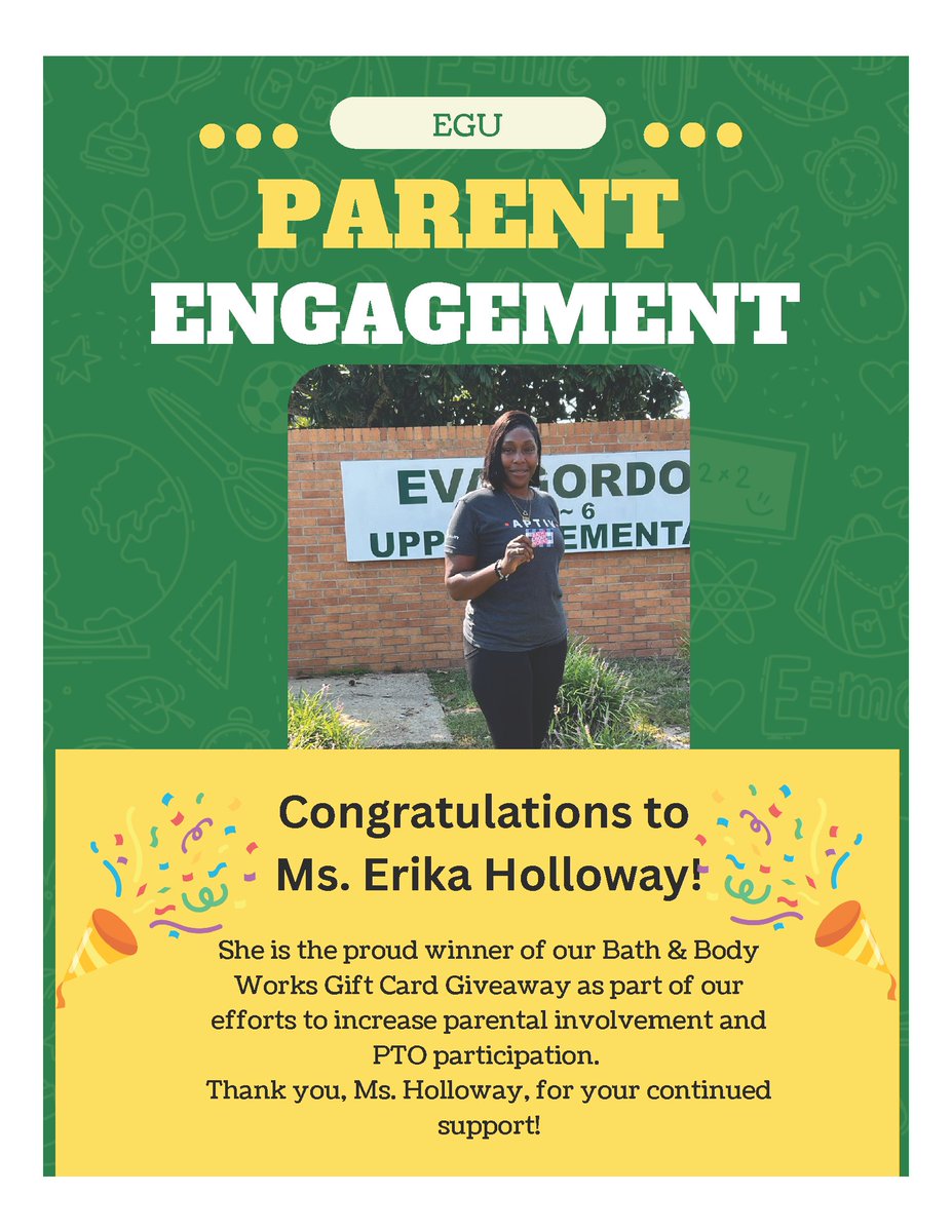 🎉 Big shoutout to Ms. Erika Holloway for winning our Bath &amp; Body Works Gift Card Giveaway! Your support for PTO participation is invaluable. Thank you for championing parent engagement! #PTO #ParentInvolvement edl.io/n2116875
