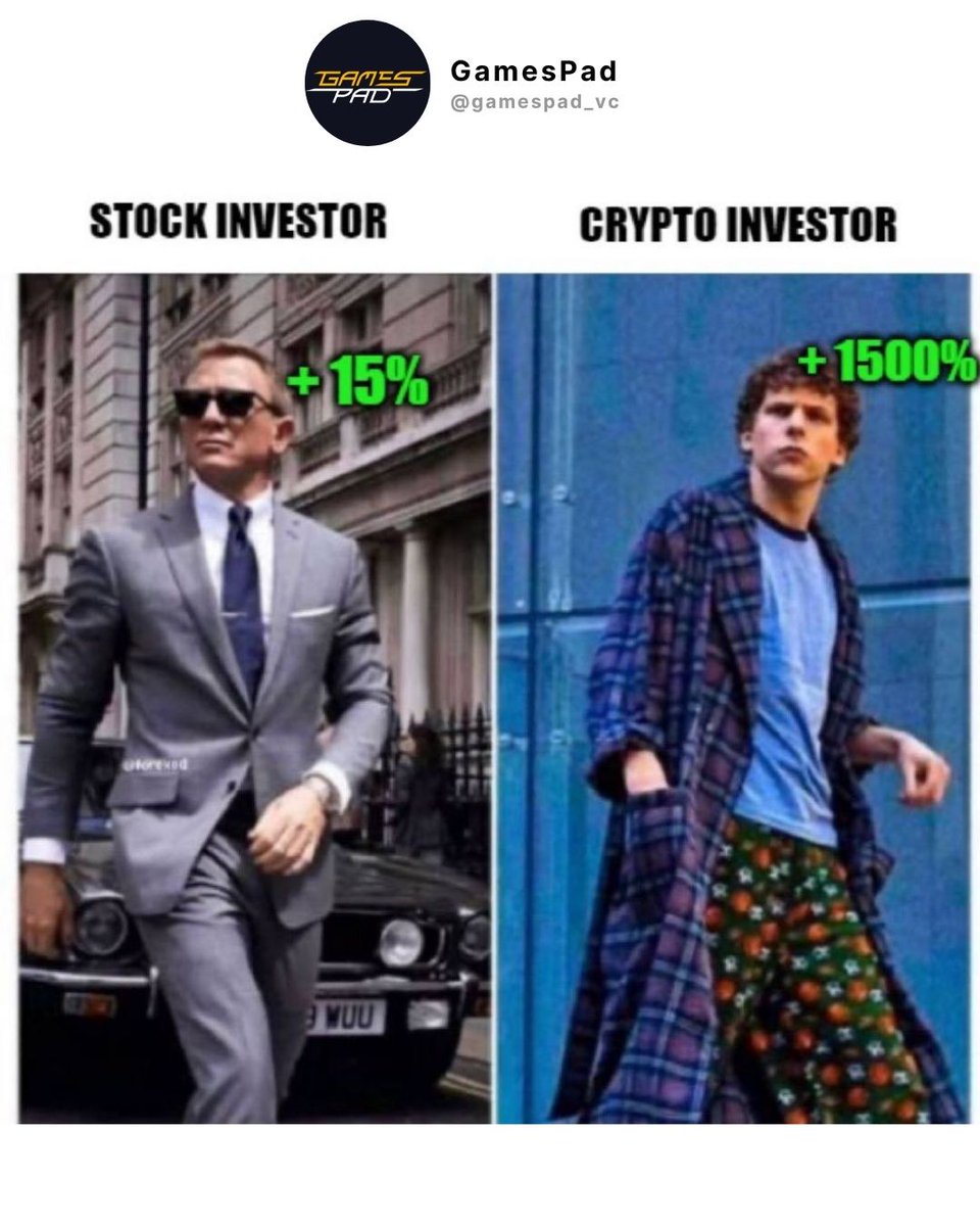 gamespad_vc's tweet photo. Stock investor vibin’ with a +15% W, while the crypto bro yeets to +1500% in pajamas! 😂 #Investing #CryptoMeme https://t.co/lFWfreSFmS