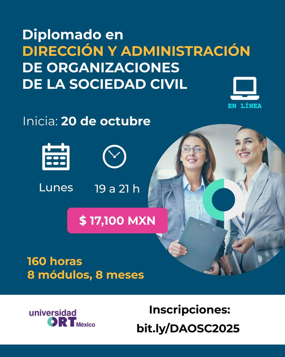 ¿Trabajas en una organización de la sociedad civil o deseas fortalecer tus capacidades para liderar proyectos sociales? Este programa está diseñado para ti.

Diplomado en Dirección y Administración de OSC
Inicio: 20 de octubre 
Más detalles: ort.edu.mx/p/daosc.html