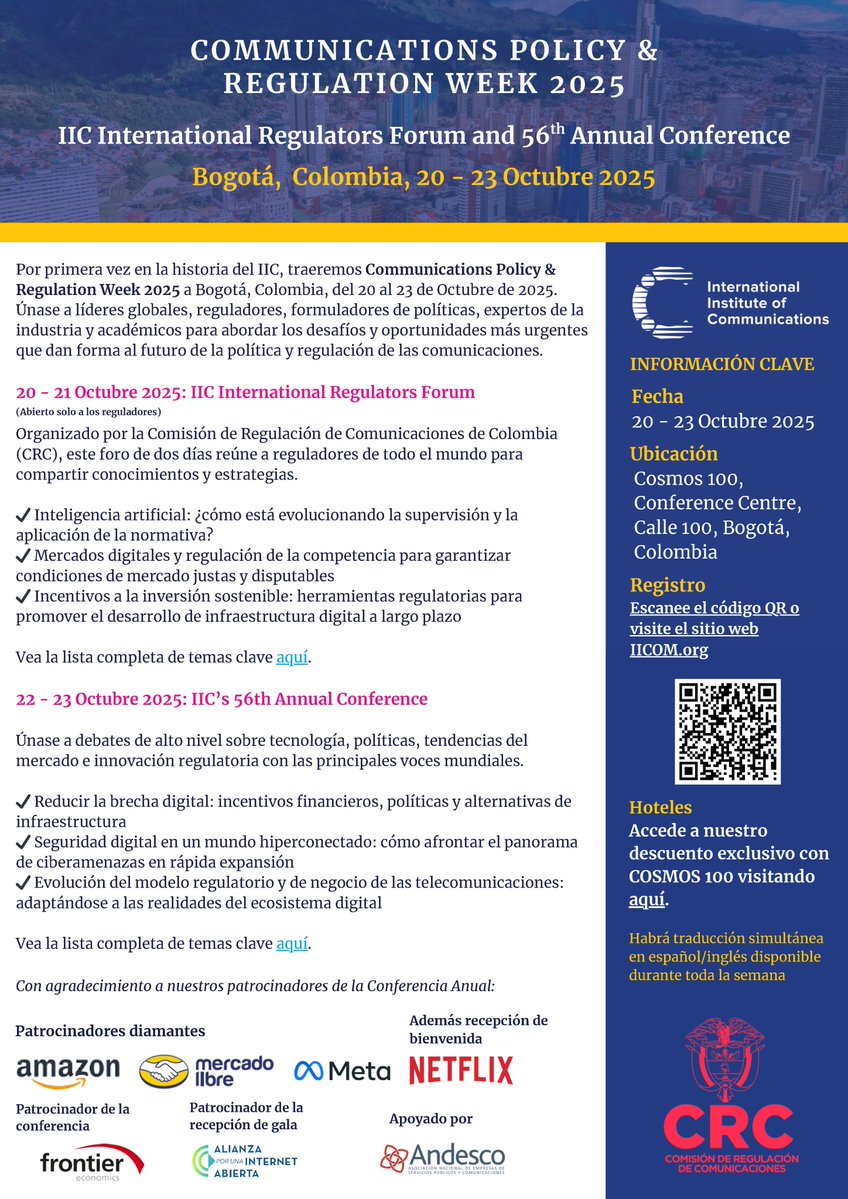Regulatel (@regulatel) on Twitter photo Desde REGULATEL celebramos que, por primera vez, América Latina será sede del IIC International Regulators Forum & 56th Annual Conference, del 20 al 23 de octubre en Bogotá.
Un hito para la regulación digital en la región.
Más información en la pieza informativa 👇
<a href="/The_IIC/">The International Institute of Communications</a> Desde REGULATEL celebramos que, por primera vez, América Latina será sede del IIC International Regulators Forum & 56th Annual Conference, del 20 al 23 de octubre en Bogotá.
Un hito para la regulación digital en la región.
Más información en la pieza informativa 👇
<a href="/The_IIC/">The International Institute of Communications</a>