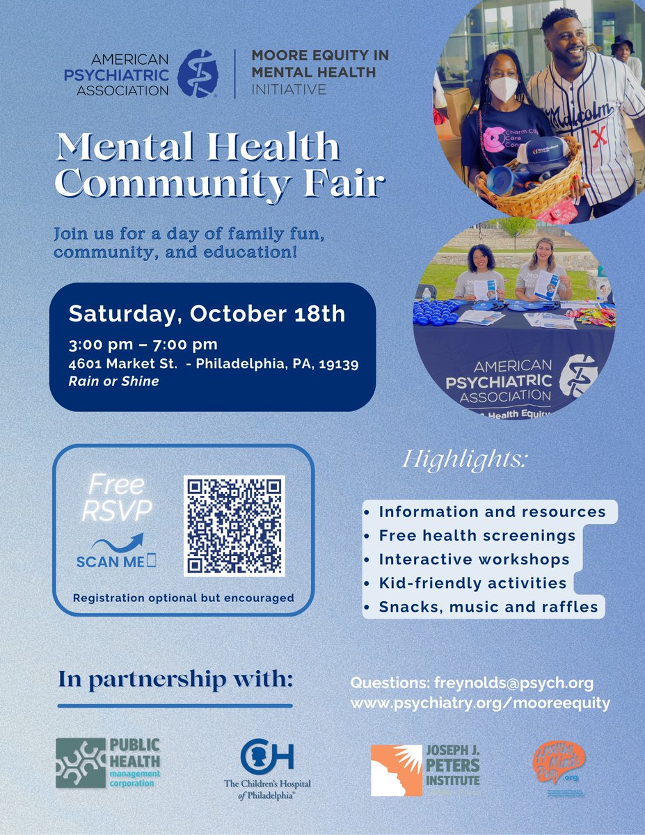 Free resources. Local mental health organizations. Real community connection.
Join us for the APA MOORE Equity in Mental Health Community Health Fair In Philadelphia!
-Explore local health services
-Get free health screenings
-Enjoy family-friendly activities
-Learn ways to take