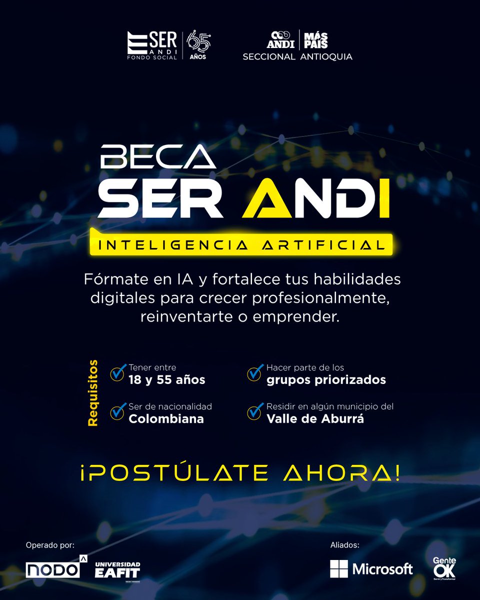 EAFIT's tweet photo. 🚀 Impulsa tu talento con la Beca #SERANDI 🎓
👉Si eres joven recién egresado, técnico, mujer en situación de desempleo o emprendedor con un negocio propio que quieras potenciar con herramientas digitales e inteligencia artificial, esta beca es para ti. 🙌
📌Incluye:
✔ Acceso gratuito a formación modular.
✔ Mentorías personalizadas y acompañamiento.
✔ Certificación de competencias.
✔ Conexión con oportunidades laborales y de emprendimiento.
📍 Requisitos: tener entre 18 y 55 años, ser colombiano y residir en el Valle de Aburrá.
🔗Conoce más e inscríbete aquí ➡️https://t.co/zXmHXlxAL0