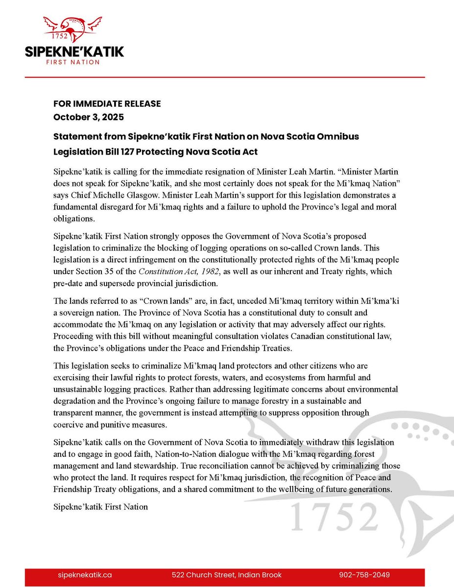 Sipeknekatik 1st Nation's statement on Nova Scotia's omnibus legislation bill #cdnpoli #nspoli