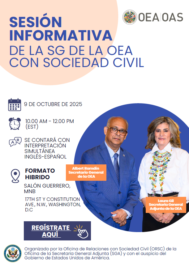 🤝 La OEA abre sus puertas a la sociedad civil.
📣 Únete a la Sesión Informativa con el SG <a href="/SG_OEA_OAS/">SG_OEA_OAS</a> y la SGA <a href="/Lauraggils/">Laura Gil</a>.

🗓️ 9 de octubre | 10:00 am (EST)
📍 Híbrido | Washington D.C. &amp; Zoom

👉 Toda la info aquí: oas.org/ext/es/princip…

#OEAcumple #SociedadCivil