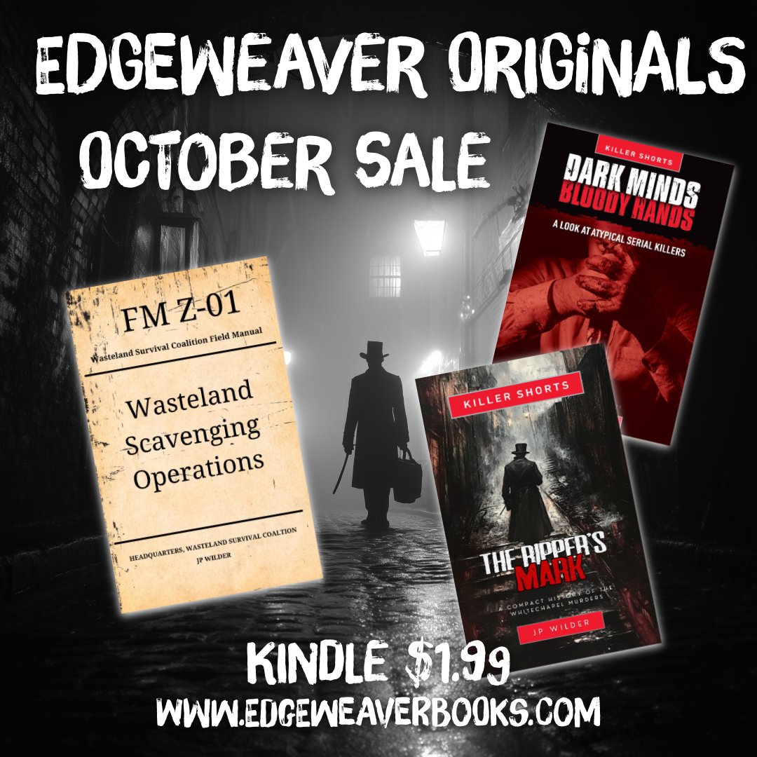October chills, Kindle thrills 🔪📚
Edge Weaver Originals are just $1.99 all month long: 🧟 Wasteland Scavenging Operations by JP Wilder — mythic grit in a post-collapse world
🩸 Dark Minds Bloody Hands by Wayne Clingman — true crime descent into serial killer psyches
🕯️ The
