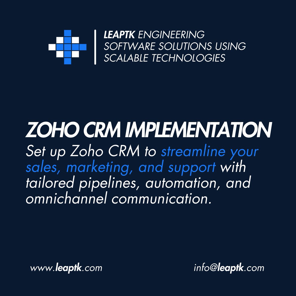 leaptkofficial's tweet photo. Affordable, customizable CRM for SMBs with sales, marketing, and support modules powered by Zia AI.

Why Choose Leaptk?

We configure Zoho CRM to fit your processes, clean data models, automation that helps, and reports that inform.

#Leaptk #Zoho #ZohoCRM @Zoho  #ZohoBooks #CRM https://t.co/QU6baO50No