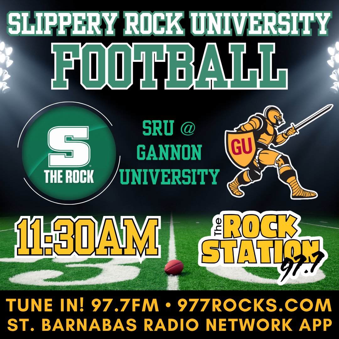 RockStation977's tweet photo. 🏈Listen to SRU Football!🏈
Tune in at 11:30am for the Slippery Rock University vs. California University of Pennsylvania football game!
• 97.7FM • https://t.co/vbmnXHHf62
• St. Barnabas Radio Network App
#SRUFootball #SlipperyRockUniversity #CollegeFootball #TheRockStation https://t.co/uHqLdxtbaI