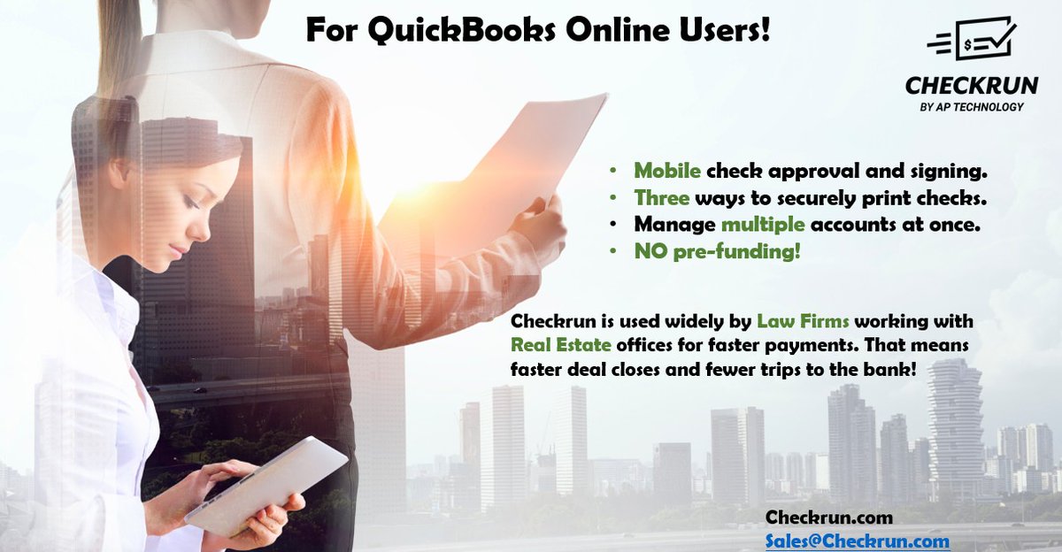 APTpay's tweet image. #Checkrun for #QuickBooksOnline users! #NoPreFunding! Great for #LawFirms and #RealEstate offices wanting #FasterPayments and fewer trips to the bank. #RemoteCheckPrinting and mobile approvals here: checkrun.com