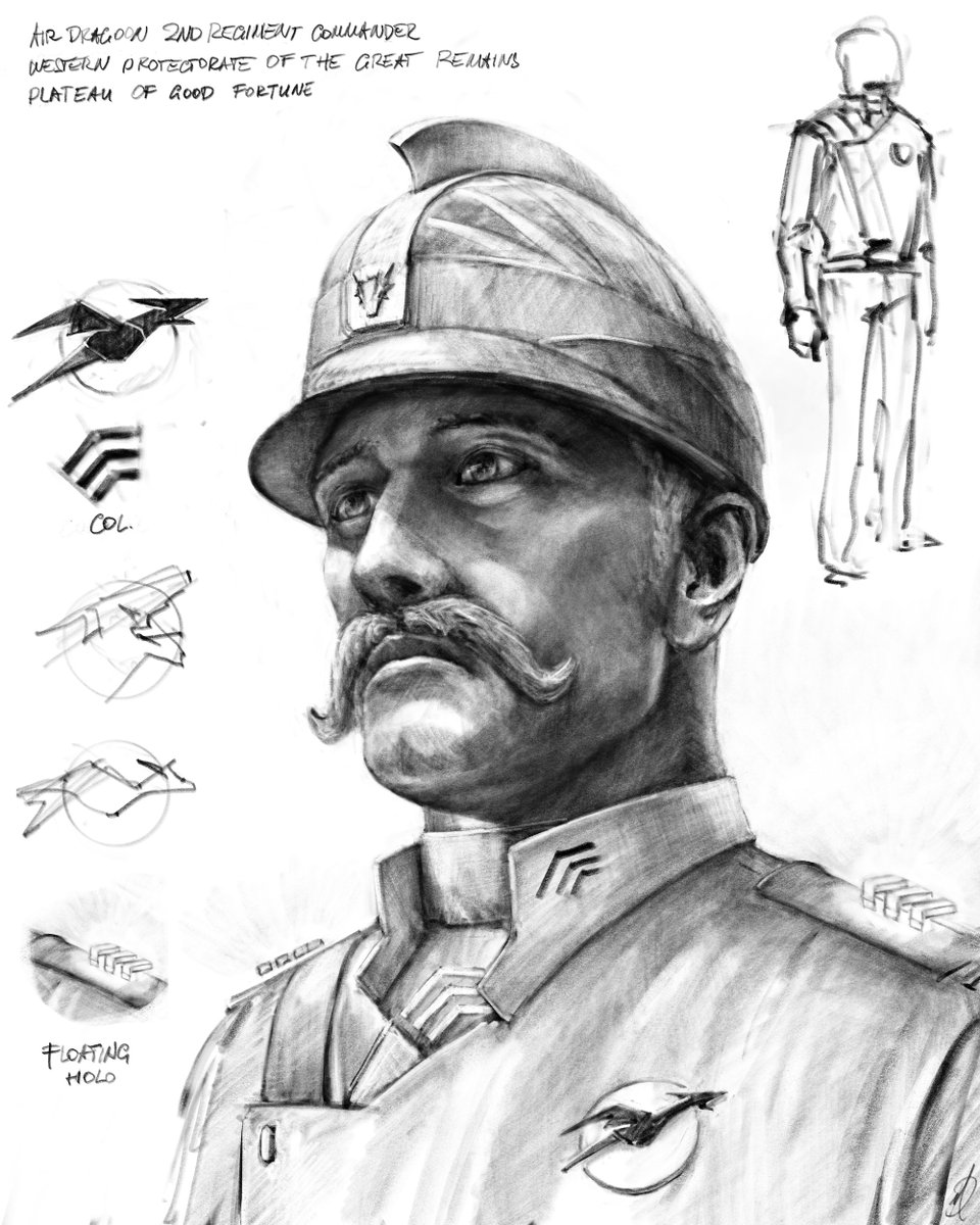 MaximDija's tweet image. Air Dragoon 2nd regiment commander
Western protectorate of the Great Remains
Plateau of Good Fortune

Remember the concept sketch I recently created of him in a retro-futuristic world “The Great Remains”?
Well, here he is again, but now in color!

#procreate #procreateartist