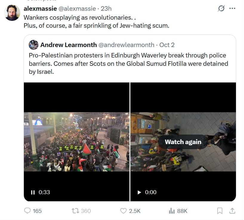 This is your mainstream Unionist commentator calling people 'scum' for calling out genocide. What a disgrace.
