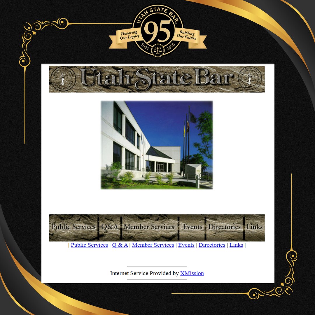 UtahStateBar's tweet image. 🚀 On Feb. 18, 1997, the Bar launched its very first website! 💻 Designed by Peter Nuff and hosted on XMission, it marked the Bar’s first step into the digital age. Take a look at the retro site preserved on the Wayback Machine 👉 tinyurl.com/5f8jspfk
#UtahStateBar #WebHistory