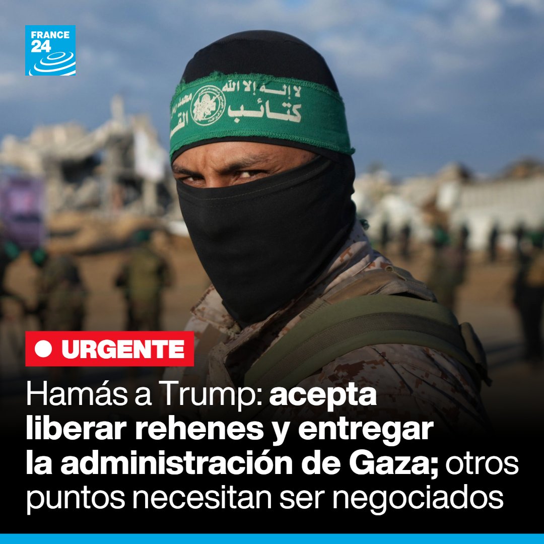 France24_es's tweet image. 🔴 #Hamás responde a #Trump: acepta liberar rehenes y entregar la administración de Gaza. Lo que sabemos:

📌 Hamás aceptó liberar a "todos los rehenes israelíes, vivos o muertos" , bajo los términos del plan de Donald Trump para Gaza.  
📌 Expresó, además, su disposición a