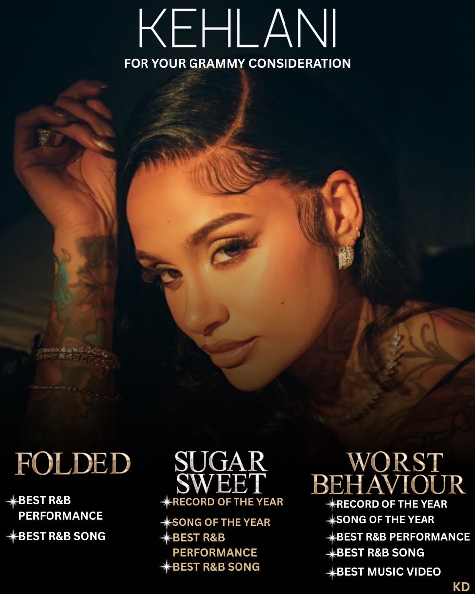 kehlanidaiIy's tweet image. ✨ GRAMMY SEASON ✨
Kehlani has officially submitted for the 2026 GRAMMYS! 🏆

Let’s manifest those nominations! ✨

#GRAMMYS #Kehlani #Folded #SugarSweet #WorstBehaviour