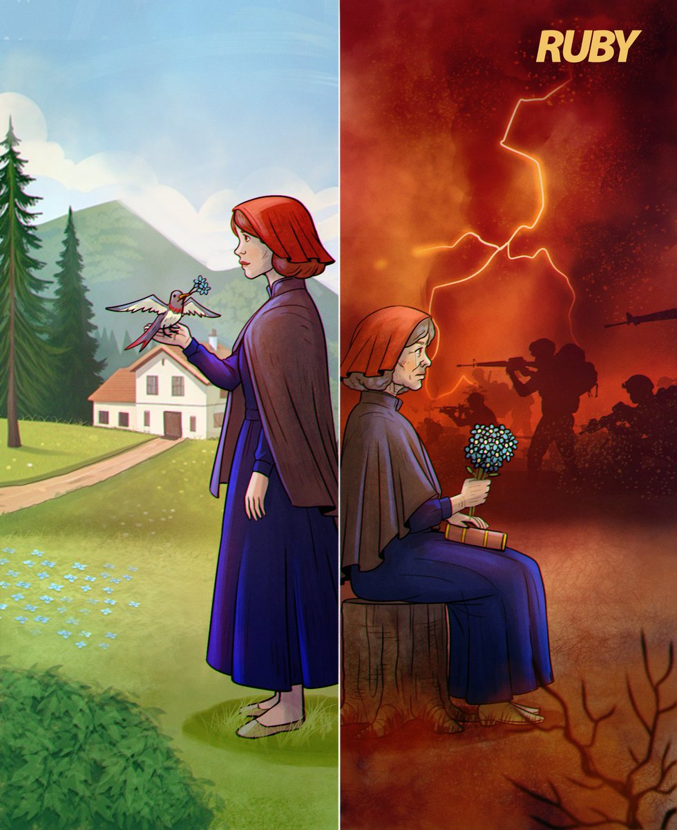 ruby33836's tweet image. Once a young dreamer who nurtured peace with gentle hands she now sits aged and weary holding flowers as the only fragile memory of a world lost to war and fire.