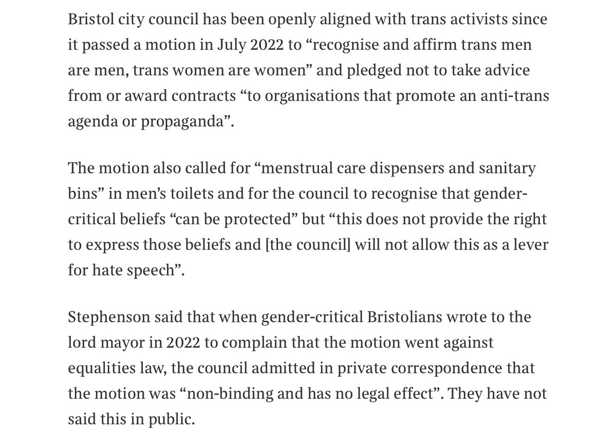 WomenOfWessex's tweet photo. Headline in @TheTimes: “Bristol Council a ‘trans activist organisation’ former legal chief warns”

Excellent article with quotes from concerned residents about how @BristolCouncil councillors shut down GC views by walking out of public council meetings.
https://t.co/lqn0i7GaCu https://t.co/eGFGyS3yGn