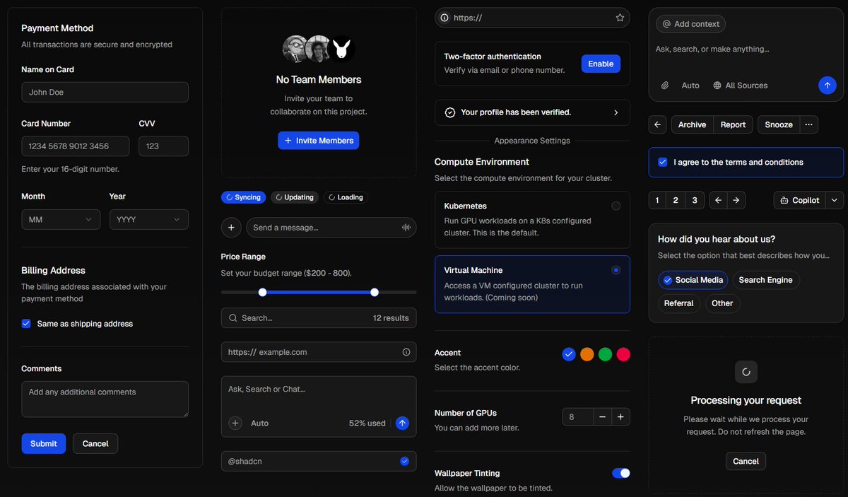 rhitunedev's tweet image. new @shadcn ui components are so good.