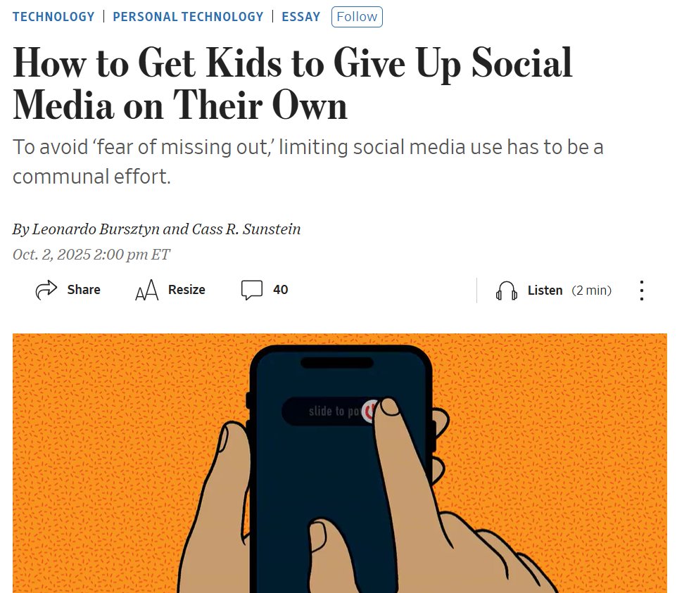 Kids don't stay off TikTok just because schools ban phones. FOMO pulls them back.

Bursztyn &amp; <a href="/CassSunstein/">Cass Sunstein</a> show many young people actually wish their peers would quit too. 

The fix? Collective action, shifting norms, and NOMO can turn logging off into a group effort.