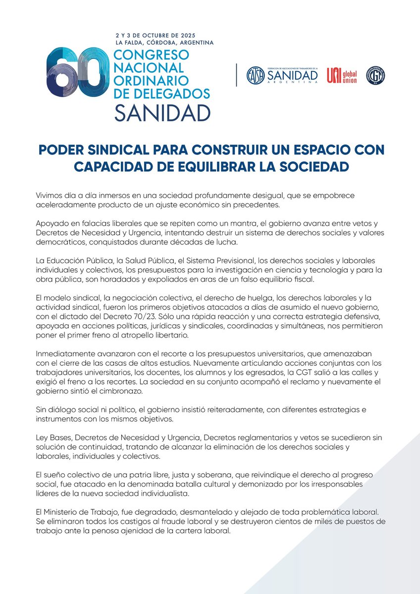 hectordaer's tweet photo. "PODER SINDICAL PARA CONSTRUIR UN ESPACIO CON CAPACIDAD DE EQUILIBRAR LA SOCIEDAD"
Comparto el documento final del #60CongresoFATSA https://t.co/b5L0SlQ9MM