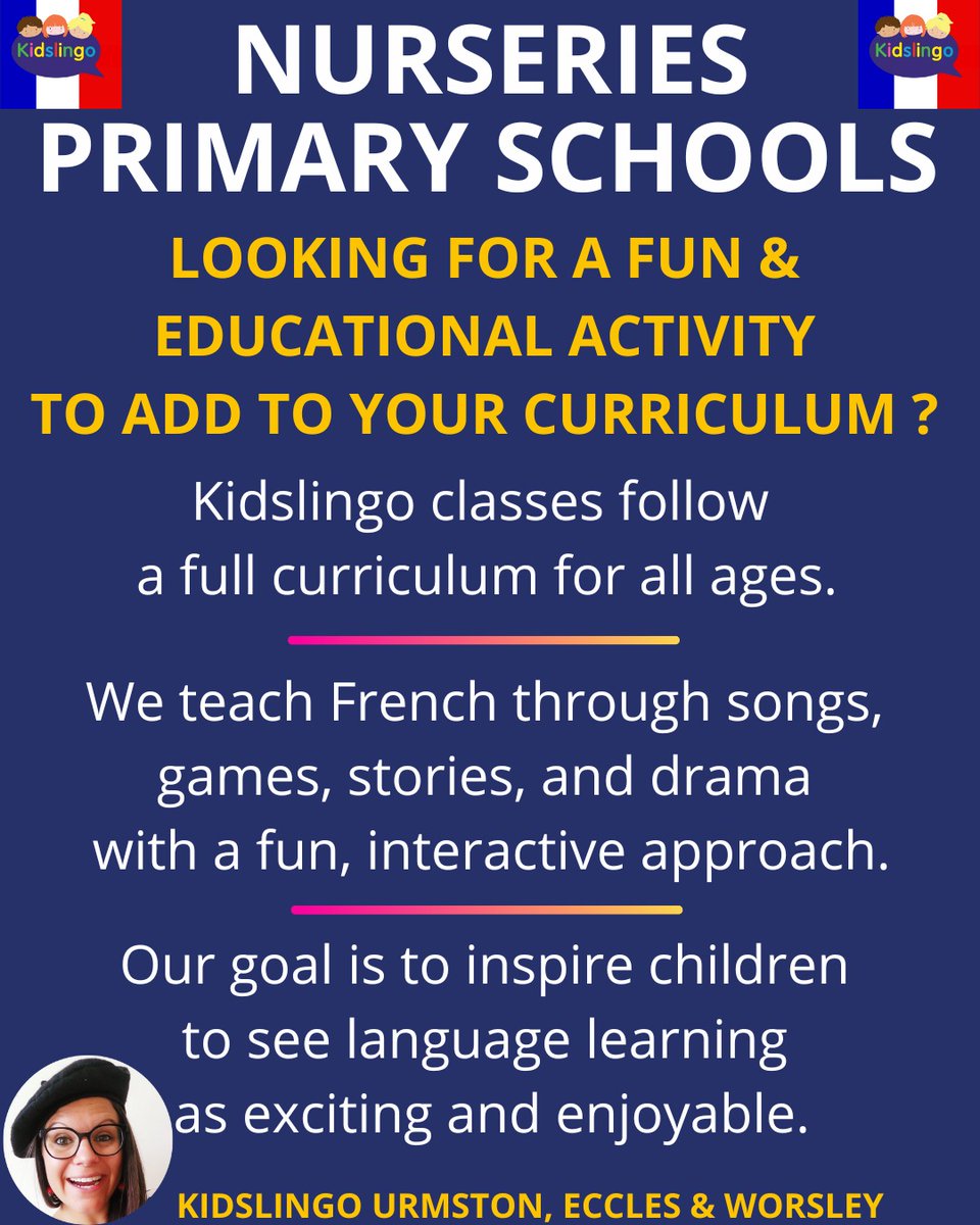 Many schools turn to <a href="/KidslingoUK/">Kidslingo Franchise</a> as delivering language classes can be a significant stress for non-linguist class teachers.

My name is Aurélie, I am French and I have been a Primary French Teacher for over 13 years teaching all age groups from nursery to Y6.

Get in touch!