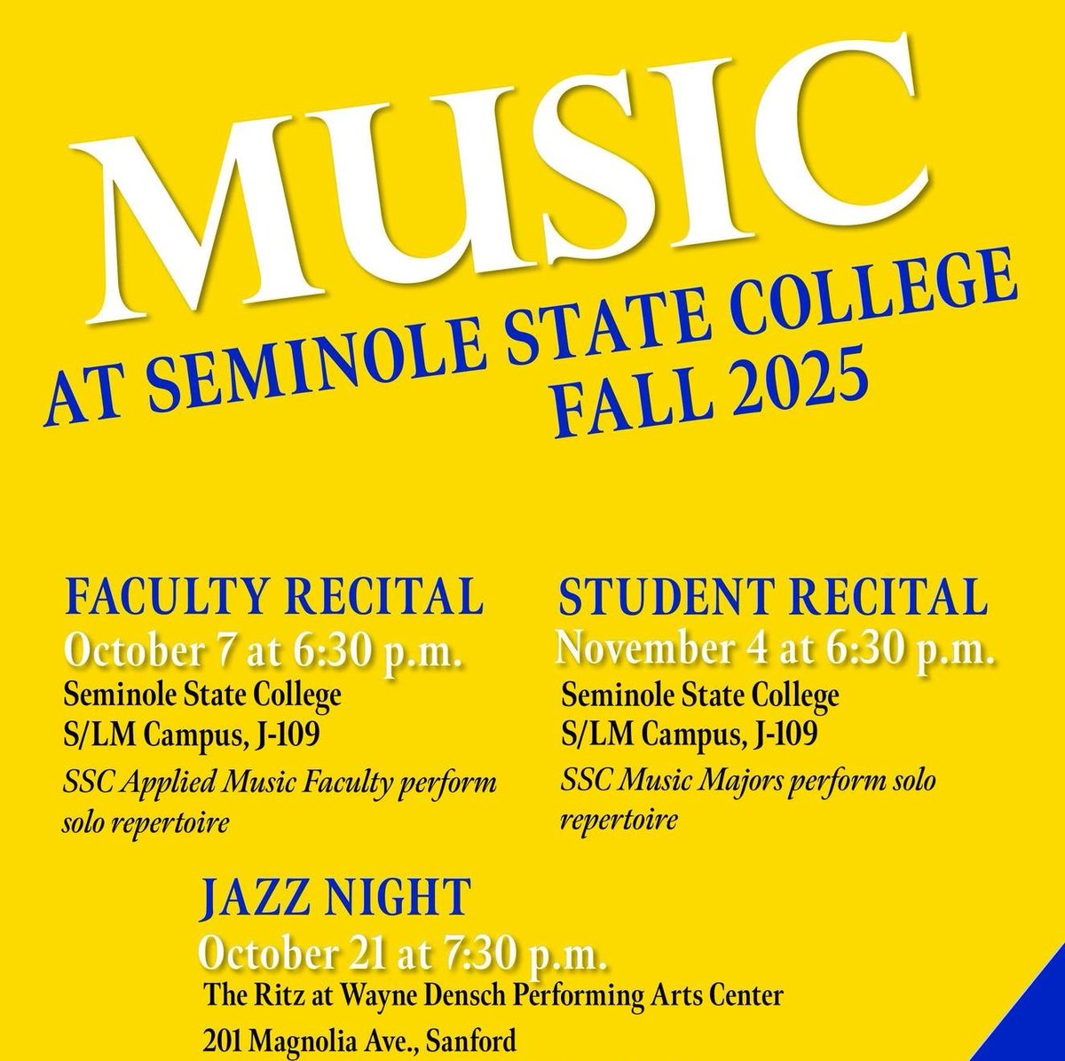 SeminoleState's tweet image. Fall into music at Seminole State! 🎵

Join our Center for Fine and Performing Arts for a season of free concerts and performances, including the popular Jazz Night on Oct. 21. Bring your love for music and come celebrate talent, creativity and community. sem.st/concerts