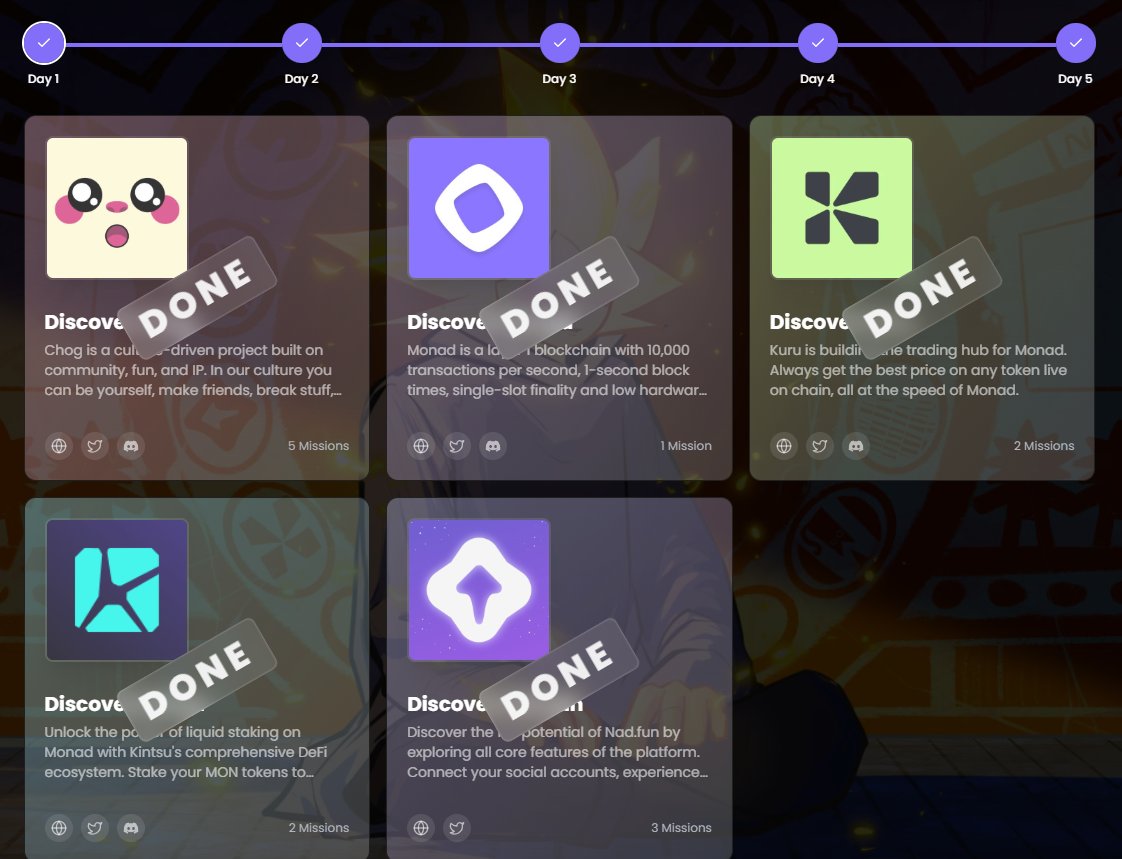 jsolanamaja's tweet photo. CHOGTOBER Ends TOMORROW but you have entire week to complete the tasks.

Did you missed 1M SBT?
Are you new to Monad?

but still you are looking for Monad Airdrop?

Here is your chance 

- Mint SBT → Go to https://t.co/Hkr5uTrLxu

- Complete Tasks → Visit https://t.co/Bcql2syIIa

- Enjoy.

Here is the complete guide to complete the task.

Day 01:

👉First Discover Monad 
      - Follow @monad and Verify 

👉Second Discover Chog
      - Follow @ChogNFT & @1stBenjaNAD 
      - Hold a Chog Purple Pass SBT
      - Complete Chog IRL task
      - Verify.

👉Third Discover Kuru
      - Follow @KuruExchange & @0xfravashi 
      - go to https://t.co/HuVC51rLoL and swap into $CHOGASHI token
      - Verify.

👉Fourth Discover Kintsu
      - Stake MON with Kintsu
      - Use sMON in Lending or LP Protocol.
      - Verify.

👉Fifth Discover Nad. Fun
      - Connect X on https://t.co/RRPmGKgWrq
      - Trade & Create token on https://t.co/RRPmGKgWrq 
      - Verify.

Day 02:

👉First Discover Fourtytwo
      - Follow @fortytwonetwork 
      - Make IRL art for Chog x FortyTwo
      - Verify.

👉Second Discover Monorail
      - Follow @monorail_xyz 
      - Swap CHOG tokens on Monorail
      - Verify.

👉Third Discover LootGO
      - Follow @lootgo_official 
      - Open at least 5 Treasure Chests
      - Verify.

👉Fourth Discover Opinion
      - Follow @opinionlabsxyz 
      - Join Opinion Mainnet Waitlist 
      - Verify.

Day 03:

 👉First Discover RealNads
      - Follow @RealNadsClub 
      - Create your own RealNads PFP
      - Verify.

👉Second Discover Perpl
      - Follow @perpltrade 
      - Make any IRL video submission for Chog x Perpl
      - Verify.

👉Third Discover Lumiterra
      - Follow @LumiterraGame 
      - Hold at least 1 Lemon NFT
      - Verify.

👉Fourth Discover Pingu
     - Follow @PinguExchange 
     - Make a Trade & Deposit $MON into the Pool
     - Verify.

👉Fifth Discover Magma
     - Follow @MagmaStaking 
     - Stake some $MON for $gMON
     - Verify.

Day 04:

👉First Discover Drake
     - Follow @DrakeExchange 
     - Deposit Vault & Market or Limit order
     - Verify.

👉Second Discover RareBetSports
     - Follow @RareBetSports 
     - Create a 2 - 7 Player Prediction RareLink
     - Verify.

👉Third Discover Nadsa
     - Follow @0xNADSA 
     - Mint your Soul-Bounded Sequence Number NFT
     - Verify.

👉Fourth Discover Fastlane 
     - Follow @0xFastLane 
     - Stake MON to get shMON
     - shMonad RPC Commitment and Wallet Set Ups
     - Verify.

Day 05: 

👉First Discover Curvance
     - Follow @Curvance 
     - Verify

👉Second Discover https://t.co/lMtb2M84Gd
     - Follow @stagedotfun 
     - Swap any token to $BUN
     - Verify.

👉Third Discover Breath Of Estova
     - Follow @BreathOfEstova 
     - Follow @rosinxyz & @Ketama_crypto 
     - Complete Bonus Quiz 
     - Verify.

👉Fourth Discover Levr
     - Follow @Levr_Bet 
     - Place a bet on Levr Bet 
     - Verify.

👉Fifth Discover Kizzy
     - Follow @kizzymobile 
     - Place a bet on any creator
     - Make IRL art for Chog x Kizzy
     - Verify.

👉Sixth Discover MeowFi
     - Follow @MeowFi_ 
     - Verify.

Event is open to everyone whether you’re a monad maxi or not.

CHOGTOBER. WORLD. ORDER