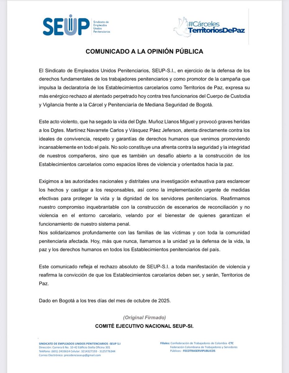 🛑 No queremos ser protagonistas de los titulares solo cuando corre la sangre. 
Desde SEUP S.I., le decimos al Gobierno Nacional: <a href="/infopresidencia/">Presidencia Colombia 🇨🇴</a> <a href="/petrogustavo/">Gustavo Petro</a> <a href="/MinjusticiaCo/">MinJusticia Colombia</a>  queremos ser escuchados.

Nuestras familias no pueden seguir viviendo con la incertidumbre de
