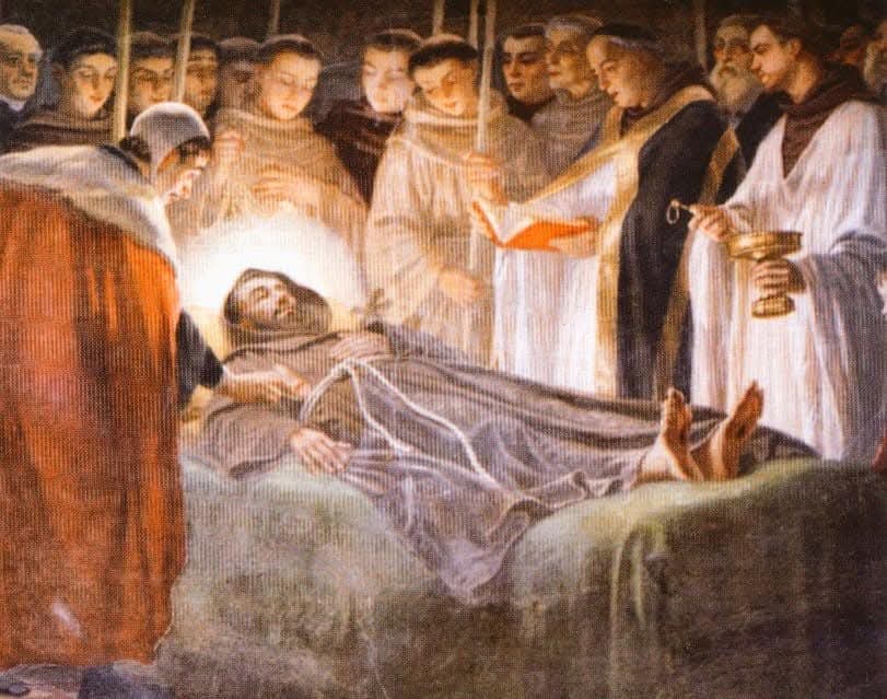 #TransitoSanFrancesco
La sera del 3/10/1226
Lui accolse cantando Sorella
morte: "Laudato si, mi Signore,
per sora nostra Morte corporale..
nullo omo vivente po’ scampare".

Il «transito» del Serafico
Francesco salì nell'eterna luce
e s’addormentò nel Signore.
