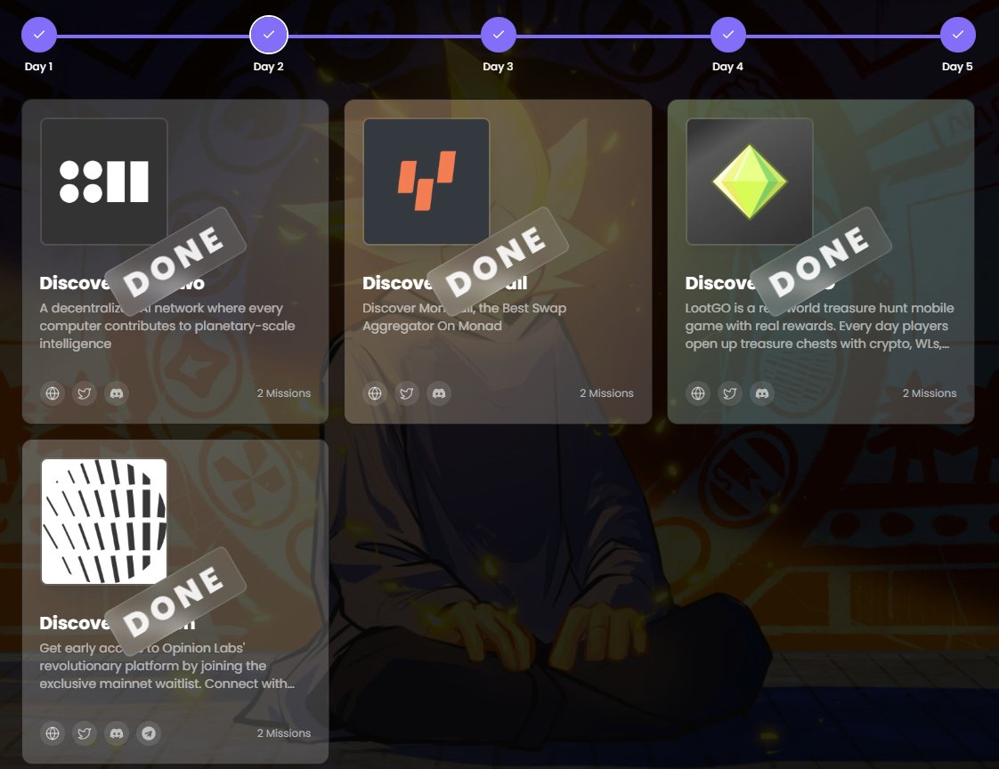 jsolanamaja's tweet photo. CHOGTOBER Ends TOMORROW but you have entire week to complete the tasks.

Did you missed 1M SBT?
Are you new to Monad?

but still you are looking for Monad Airdrop?

Here is your chance 

- Mint SBT → Go to https://t.co/Hkr5uTrLxu

- Complete Tasks → Visit https://t.co/Bcql2syIIa

- Enjoy.

Here is the complete guide to complete the task.

Day 01:

👉First Discover Monad 
      - Follow @monad and Verify 

👉Second Discover Chog
      - Follow @ChogNFT & @1stBenjaNAD 
      - Hold a Chog Purple Pass SBT
      - Complete Chog IRL task
      - Verify.

👉Third Discover Kuru
      - Follow @KuruExchange & @0xfravashi 
      - go to https://t.co/HuVC51rLoL and swap into $CHOGASHI token
      - Verify.

👉Fourth Discover Kintsu
      - Stake MON with Kintsu
      - Use sMON in Lending or LP Protocol.
      - Verify.

👉Fifth Discover Nad. Fun
      - Connect X on https://t.co/RRPmGKgWrq
      - Trade & Create token on https://t.co/RRPmGKgWrq 
      - Verify.

Day 02:

👉First Discover Fourtytwo
      - Follow @fortytwonetwork 
      - Make IRL art for Chog x FortyTwo
      - Verify.

👉Second Discover Monorail
      - Follow @monorail_xyz 
      - Swap CHOG tokens on Monorail
      - Verify.

👉Third Discover LootGO
      - Follow @lootgo_official 
      - Open at least 5 Treasure Chests
      - Verify.

👉Fourth Discover Opinion
      - Follow @opinionlabsxyz 
      - Join Opinion Mainnet Waitlist 
      - Verify.

Day 03:

 👉First Discover RealNads
      - Follow @RealNadsClub 
      - Create your own RealNads PFP
      - Verify.

👉Second Discover Perpl
      - Follow @perpltrade 
      - Make any IRL video submission for Chog x Perpl
      - Verify.

👉Third Discover Lumiterra
      - Follow @LumiterraGame 
      - Hold at least 1 Lemon NFT
      - Verify.

👉Fourth Discover Pingu
     - Follow @PinguExchange 
     - Make a Trade & Deposit $MON into the Pool
     - Verify.

👉Fifth Discover Magma
     - Follow @MagmaStaking 
     - Stake some $MON for $gMON
     - Verify.

Day 04:

👉First Discover Drake
     - Follow @DrakeExchange 
     - Deposit Vault & Market or Limit order
     - Verify.

👉Second Discover RareBetSports
     - Follow @RareBetSports 
     - Create a 2 - 7 Player Prediction RareLink
     - Verify.

👉Third Discover Nadsa
     - Follow @0xNADSA 
     - Mint your Soul-Bounded Sequence Number NFT
     - Verify.

👉Fourth Discover Fastlane 
     - Follow @0xFastLane 
     - Stake MON to get shMON
     - shMonad RPC Commitment and Wallet Set Ups
     - Verify.

Day 05: 

👉First Discover Curvance
     - Follow @Curvance 
     - Verify

👉Second Discover https://t.co/lMtb2M84Gd
     - Follow @stagedotfun 
     - Swap any token to $BUN
     - Verify.

👉Third Discover Breath Of Estova
     - Follow @BreathOfEstova 
     - Follow @rosinxyz & @Ketama_crypto 
     - Complete Bonus Quiz 
     - Verify.

👉Fourth Discover Levr
     - Follow @Levr_Bet 
     - Place a bet on Levr Bet 
     - Verify.

👉Fifth Discover Kizzy
     - Follow @kizzymobile 
     - Place a bet on any creator
     - Make IRL art for Chog x Kizzy
     - Verify.

👉Sixth Discover MeowFi
     - Follow @MeowFi_ 
     - Verify.

Event is open to everyone whether you’re a monad maxi or not.

CHOGTOBER. WORLD. ORDER