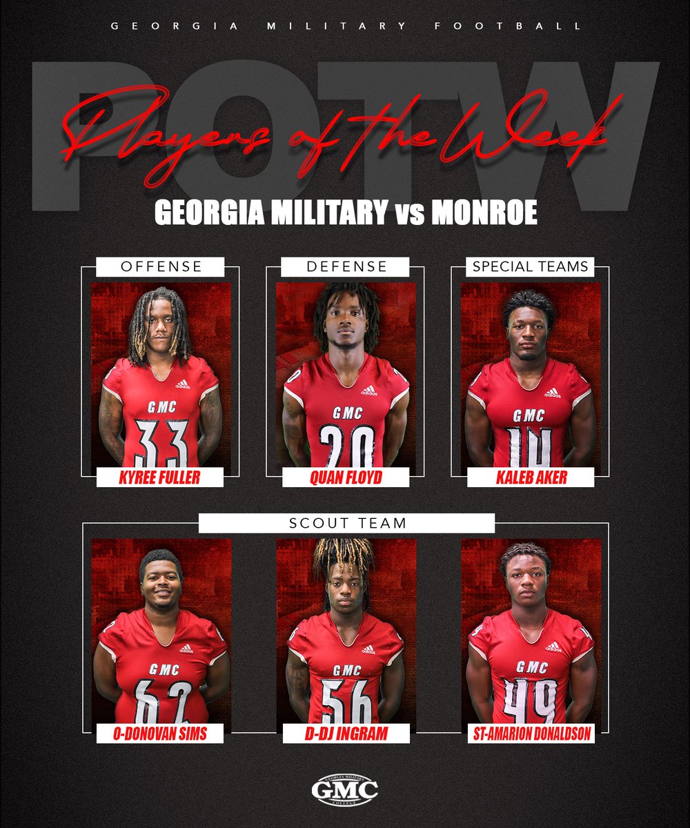 GMC Football (@gmc_football) on Twitter photo ‼️Week 6 Players of the Game‼️
Offense:
<a href="/FullerKyree/">Kyree Fuller</a> 
Defense:
<a href="/QuanFloyd_/">Quan Floyd</a> 
Special Teams:
<a href="/Darell22x/">Kaleb Aker</a> 
Scout Team:
<a href="/TheDonovanSims1/">BigDon_77</a> 
<a href="/DerrickxIngram/">Dj Ingram</a> 
<a href="/AmarionDon2/">Amarion Donaldson</a> ‼️Week 6 Players of the Game‼️
Offense:
<a href="/FullerKyree/">Kyree Fuller</a> 
Defense:
<a href="/QuanFloyd_/">Quan Floyd</a> 
Special Teams:
<a href="/Darell22x/">Kaleb Aker</a> 
Scout Team:
<a href="/TheDonovanSims1/">BigDon_77</a> 
<a href="/DerrickxIngram/">Dj Ingram</a> 
<a href="/AmarionDon2/">Amarion Donaldson</a>