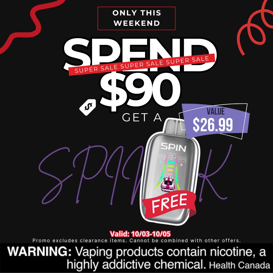 🎉 Weekend Deal: Spend $90 → Get a FREE SPIN K (Value $26.99)!
⏰ Valid Oct 3–5 only. Don’t miss out—shop now &amp; claim your reward! 🚀
👉 spinvape.ca

#SpinVape #VapeDeals #CanadaVape #SpinK
