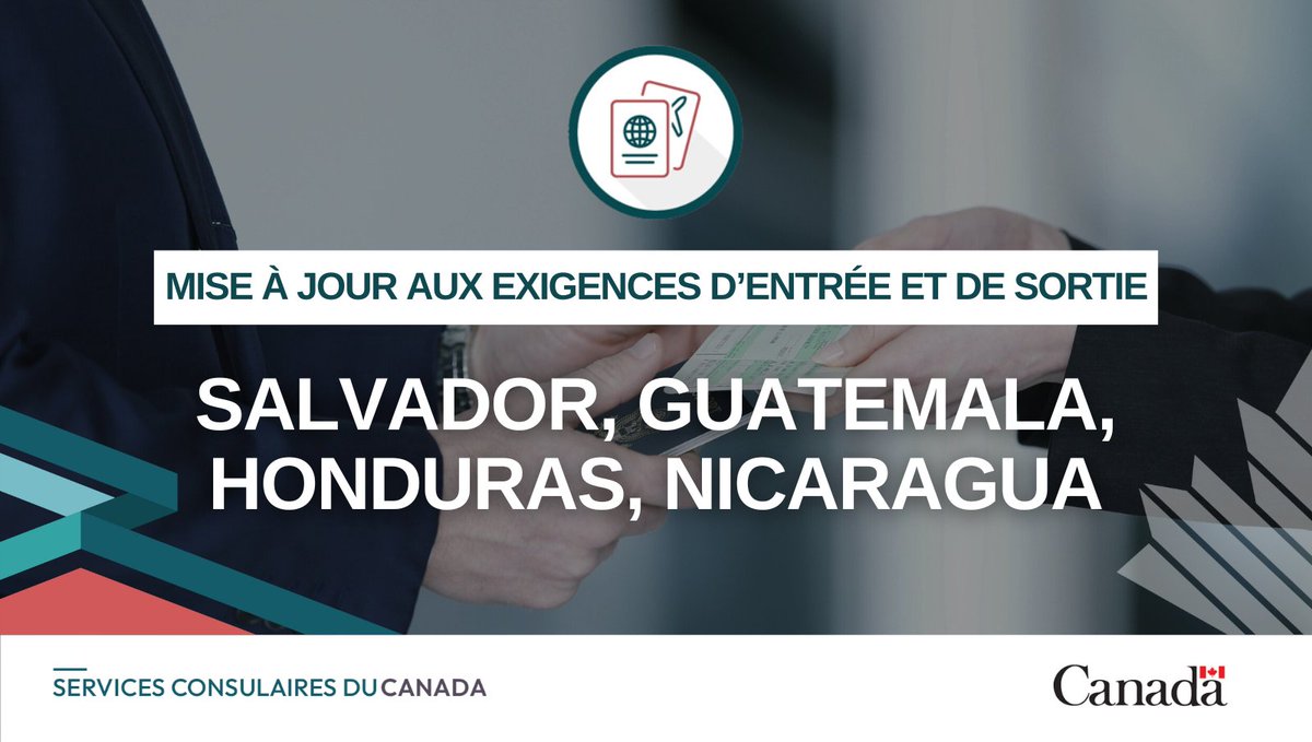 Nous avons mis à jour la section sur les exigences d'entrée et de sortie de nos conseils aux voyageurs pour le #Salvador, le #Guatemala, le #Honduras et le #Nicaragua avec de l’information sur l’Accord sur la libre circulation en Amérique centrale (CA-4). voyage.gc.ca/destinations
