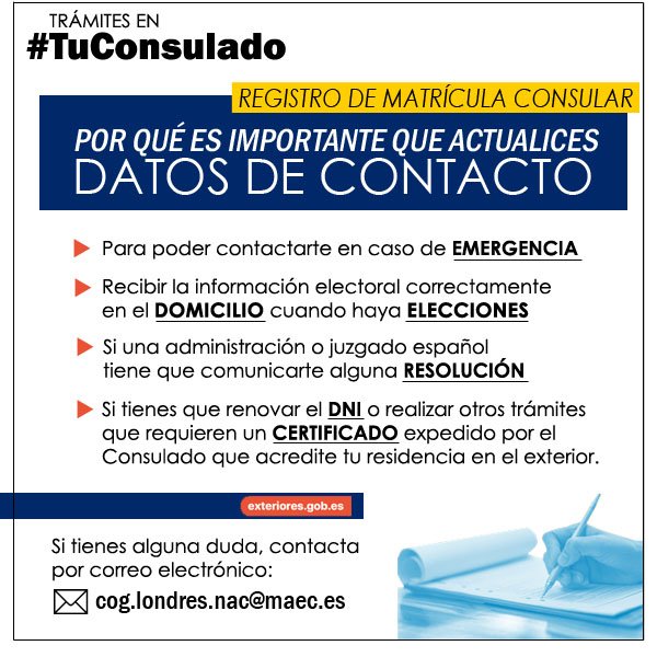 #FAQ 🤔¿Por qué es IMPORTANTE que tus datos estén actualizados en tu ficha del Registro de Matrícula Consular? 🏛️📝🇪🇦

ℹ️ Toda la info aquí : exteriores.gob.es/Consulados/lon…

📌Guarda este post por si te fuera de utilidad.