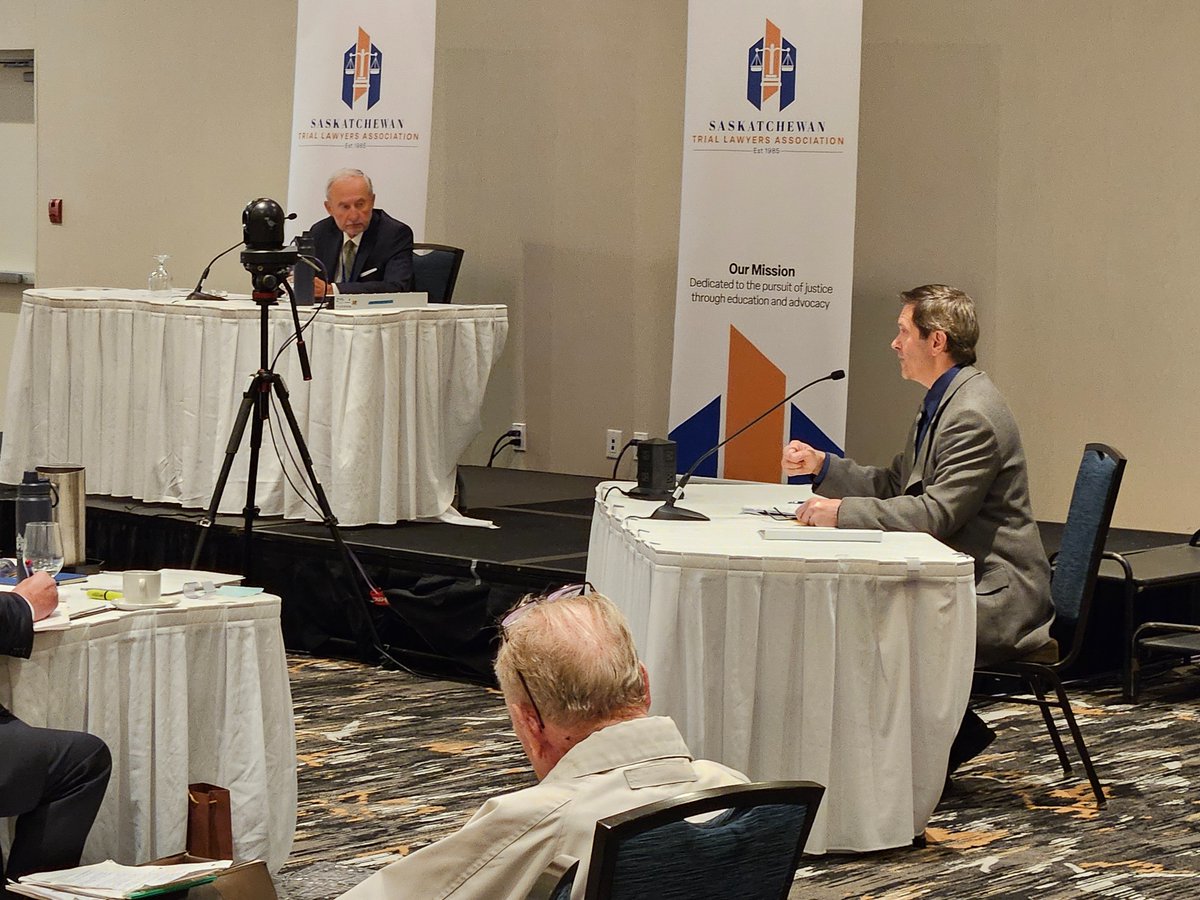 SaskTLA's tweet photo. Bob P. Hrycan of Hrycan Law Firm, examined "Dr. Allister Upchurch - Psychiatrist" played by local actor Derek Finnick. Happening at the STLA Fall Conference Mock Trial. Regina Oct 3, 2025. https://t.co/qx55QS0nRi