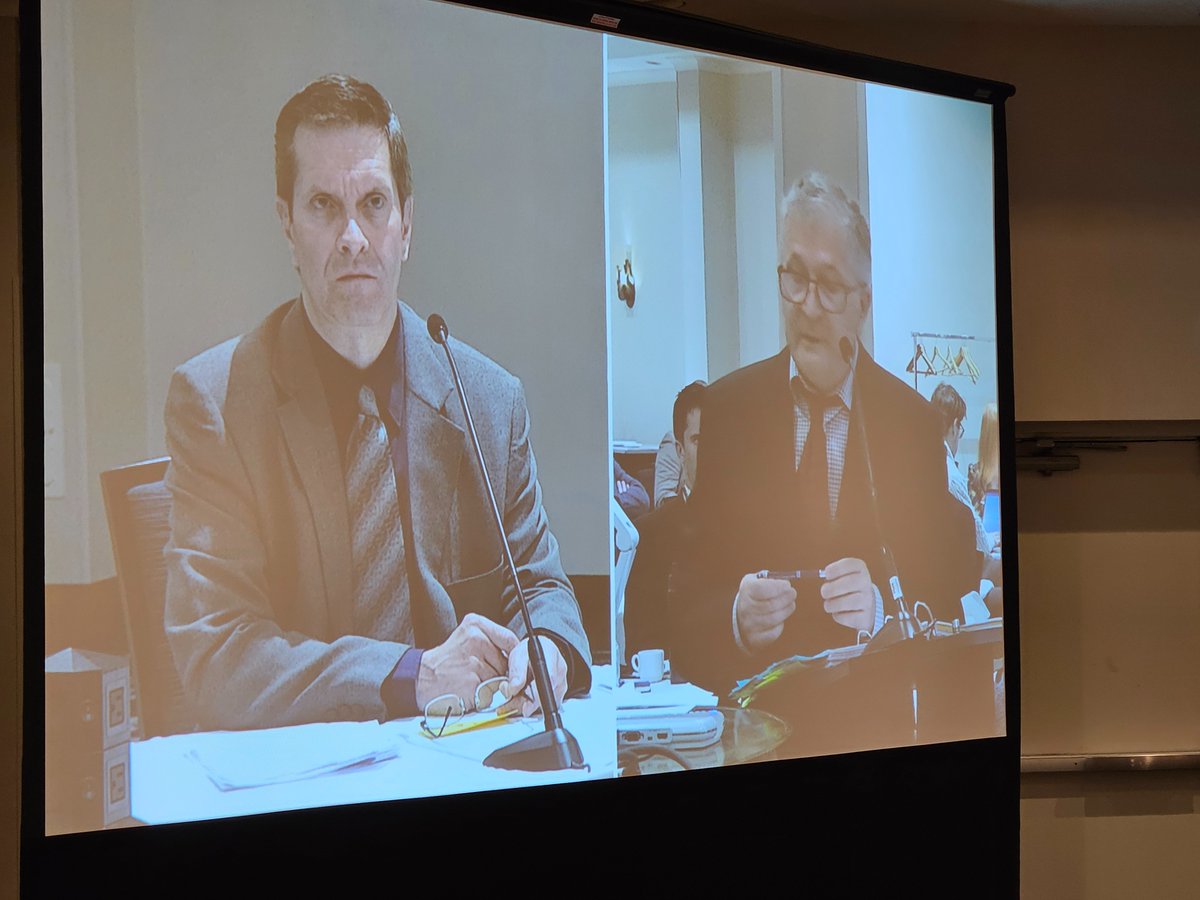 SaskTLA's tweet photo. Bob P. Hrycan of Hrycan Law Firm, examined "Dr. Allister Upchurch - Psychiatrist" played by local actor Derek Finnick. Happening at the STLA Fall Conference Mock Trial. Regina Oct 3, 2025. https://t.co/qx55QS0nRi