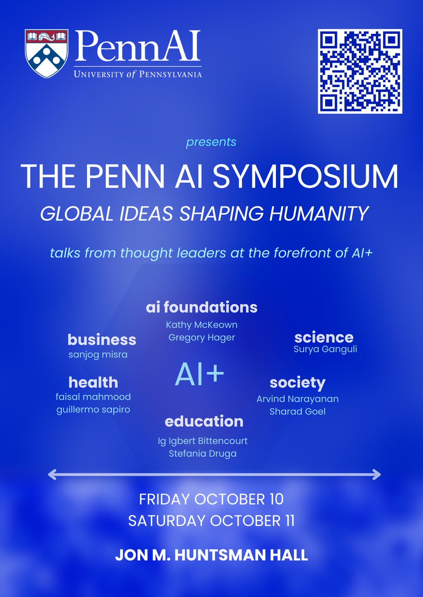 The future of AI starts here. 

Join the inaugural Penn AI Symposium and explore AI’s impact on business, health, science &amp; society.

📅 Open to all | Hosted by <a href="/Penn/">Penn</a> 
🔗 Register: eventbrite.com/e/the-penn-ai-…?

#WhartonAI #PennAI