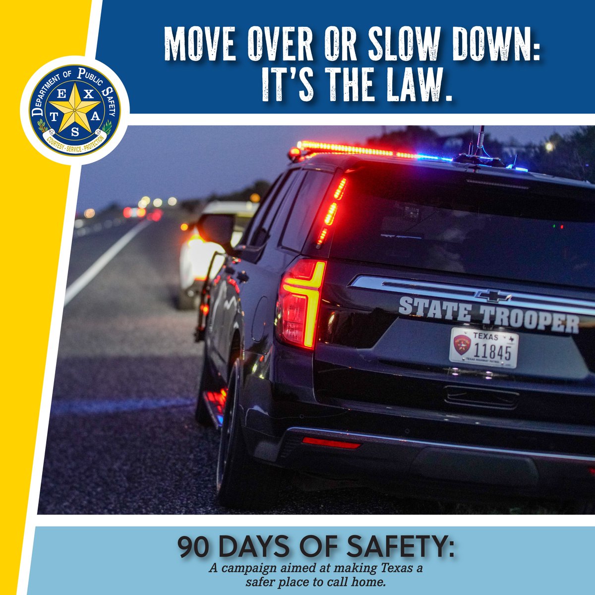When you see emergency vehicle’s lights flashing ahead on the side of the road, that means it’s time to move over or slow down. It's the law. 

By passing emergency vehicles carefully, you are helping ensure that our first responders and roadside personnel can do their jobs