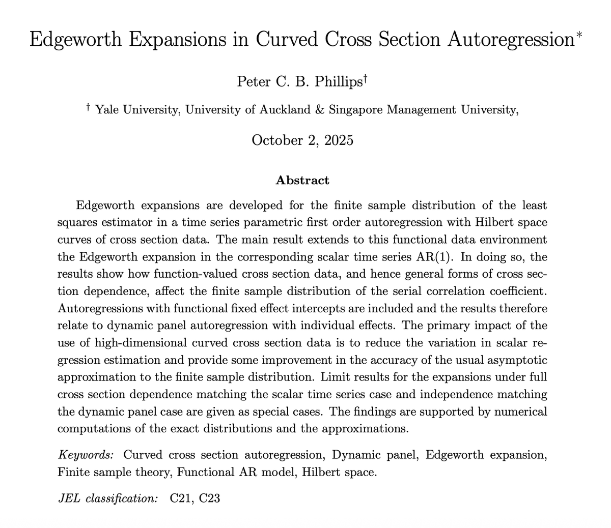 NEW Discussion Paper: "Edgeworth Expansions in Curved Cross Section Autoregression"

By Peter C. B. Phillips: cowles.yale.edu/research/cfdp-…