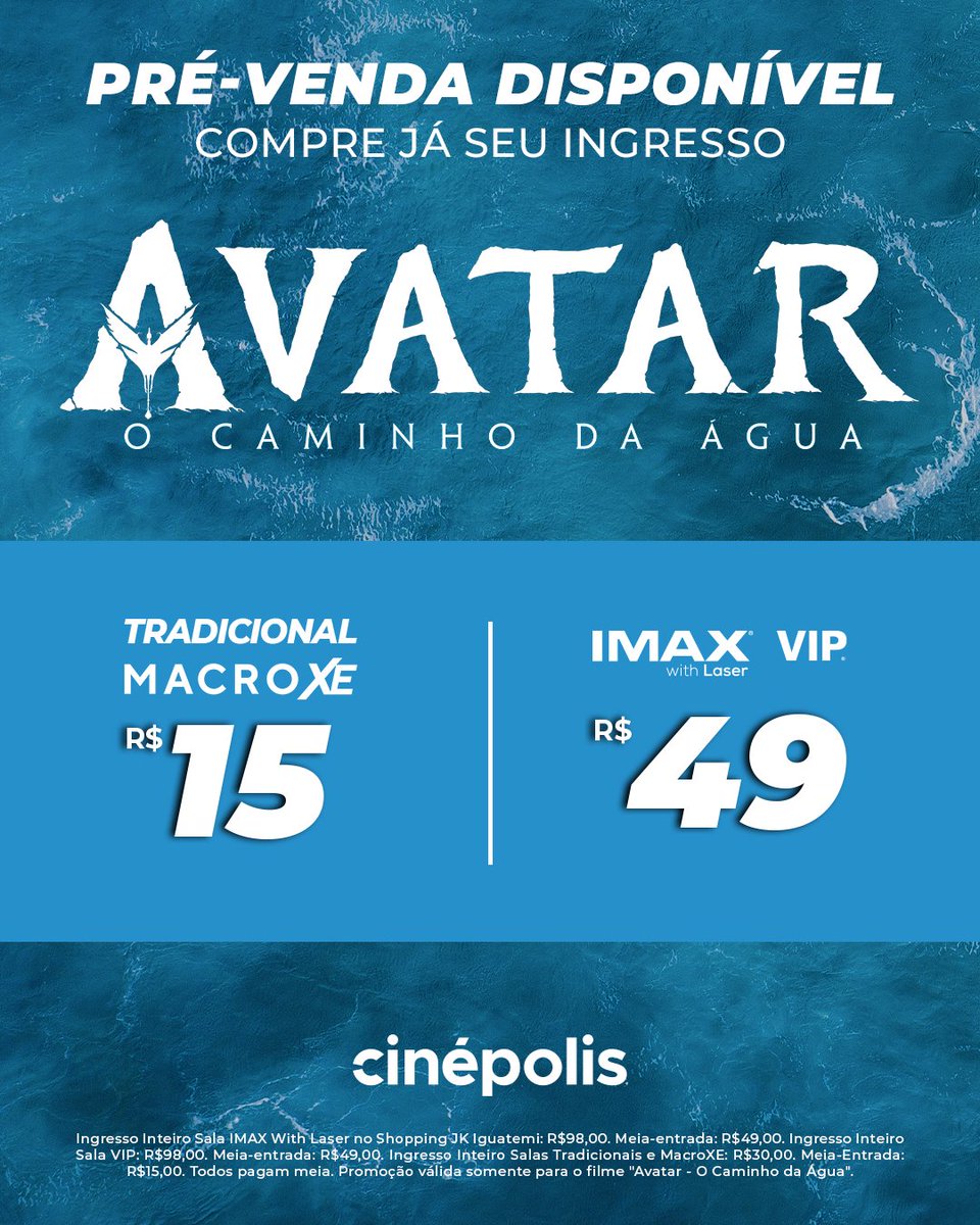 A experiência cinematográfica que emocionou milhares está de volta! Assista  a “Avatar: O Caminho da Água” em IMAX, Macro XE ou VIP e mergulhe novamente  nesse universo épico. Garanta já seu ingresso, image size:960x1200