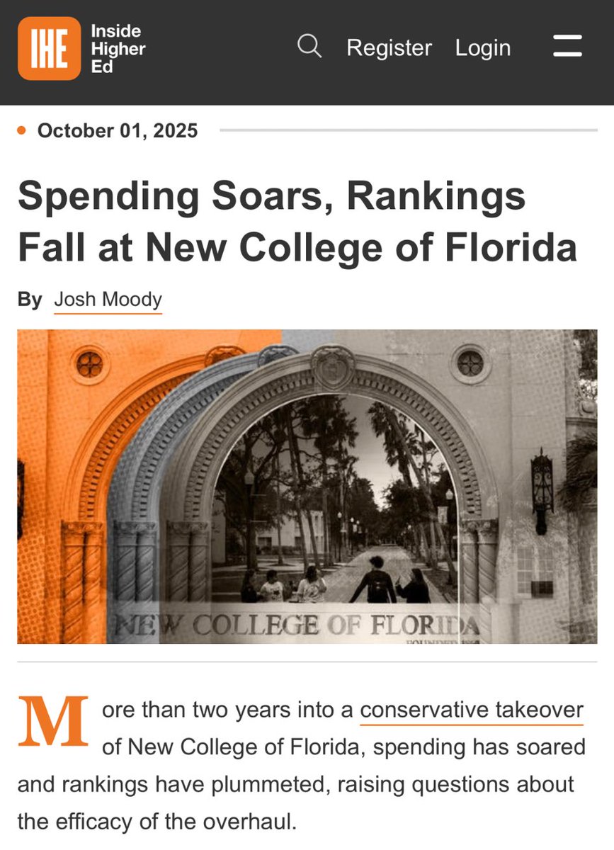 It’s past time to DOGE <a href="/NewCollegeofFL/">New College of Florida</a>.

Two years after a hostile right-wing takeover, the school has been run into the ground while Corcoran makes millions.

Now they wanna privatize a public university. When will the GOP grift end??

insidehighered.com/news/governanc…