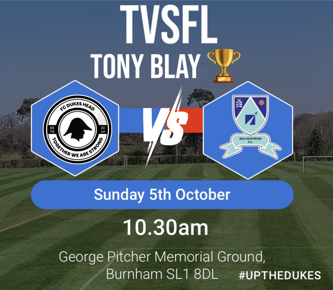2 huge games this weekend !

Firsts look continue their good start against <a href="/bph_fc/">BPH FC</a>  

Devs are entering the Tony Blay against <a href="/BAAHEATHROWFC/">BAA HEATHROW FC</a>  

All support welcome ! 
#UpTheDukesHead 
<a href="/tvsfl/">tvsfl</a> <a href="/fiberkshire/">Football in Berkshire</a>