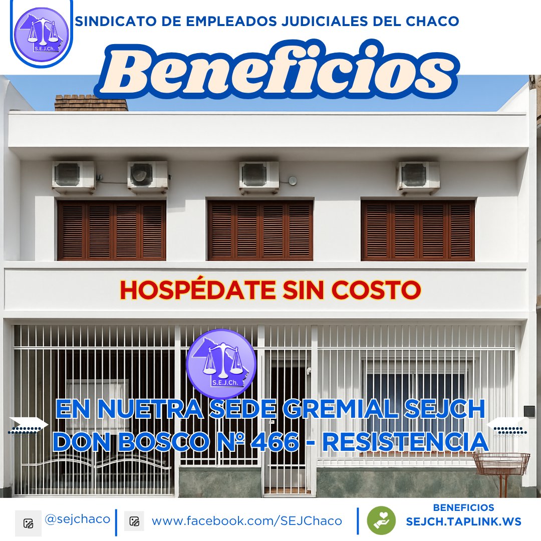 𝑩𝑬𝑵𝑬𝑭𝑰𝑪𝑰𝑶𝑺 𝑺𝑬𝑱𝑪𝑯

¡¡¡ 𝐒𝐀𝐁Í𝐀𝐒 𝐐𝐔𝐄 𝐏𝐎𝐃É𝐒 𝐇𝐎𝐒𝐏𝐄𝐃𝐀𝐑𝐓𝐄 𝐄𝐍 𝐍𝐔𝐄𝐒𝐓𝐑𝐀 𝐒𝐄𝐃𝐄 𝐒𝐈𝐍𝐃𝐈𝐂𝐀𝐋 𝐒𝐈𝐍 𝐂𝐎𝐒𝐓𝐎 ‼️

𝗧𝗨 𝗖𝗨𝗢𝗧𝗔 𝗦𝗜𝗡𝗗𝗜𝗖𝗔𝗟 𝗩𝗨𝗘𝗟𝗩𝗘 𝗘𝗡 𝗕𝗘𝗡𝗘𝗙𝗜𝗖𝗜𝗢𝗦 ‼️

Por ser parte del <a href="/SEJCH/">SEJCH</a>, podes hospedarte en