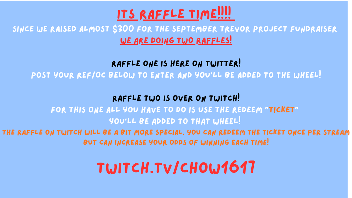 TWITTER PART OF THE RAFFLE!!! All you gotta do is drop your oc/ref sheet and your in!!! If you wanna also try for the twitch raffle 100% can! Winner will get to chose what kind of spooky art they want done with one of my characters! (can pick the male or female sona)
