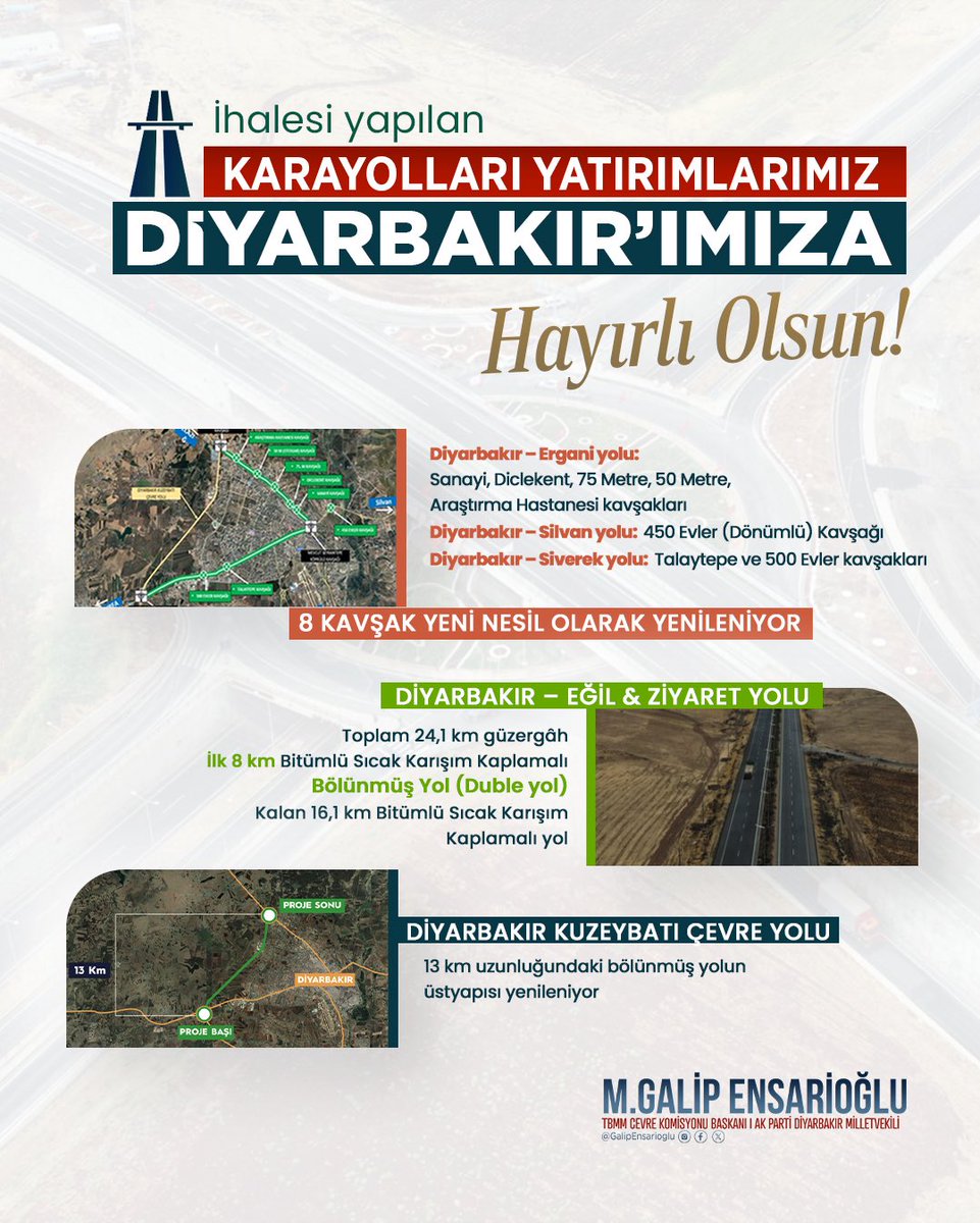 Diyarbakır’ımız için karayolu yatırımlarımız devam ediyor. 🛣️

✅ 8 kavşak yeni nesil standartlara uygun şekilde yenileniyor
(Sanayi, Diclekent, 75 m, 50 m, Araştırma Hastanesi, 450 Evler, Talaytepe, 500 Evler)

✅ Diyarbakır – Eğil &amp; Ziyaret Yolu
Toplam 24,1 km güzergâhın;
ilk 8